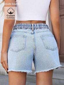 Quần short denim ống đứng màu xanh dương, viền rách, phong cách thường ngày, dễ phối đồ cho nữ cỡ lớn mùa xuân/hè. - Màu xanh lam - Xem 7