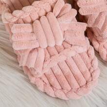 女士优雅蝴蝶结布艺贴花拖鞋，时尚休闲室内鞋，秋冬款 - 粉色 - 查看 7