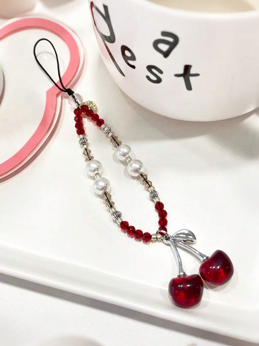 1件红色樱桃串珠手机链，高端水晶珍珠手机壳挂绳，CCD相机吊坠，多功能吊坠 - 查看 1