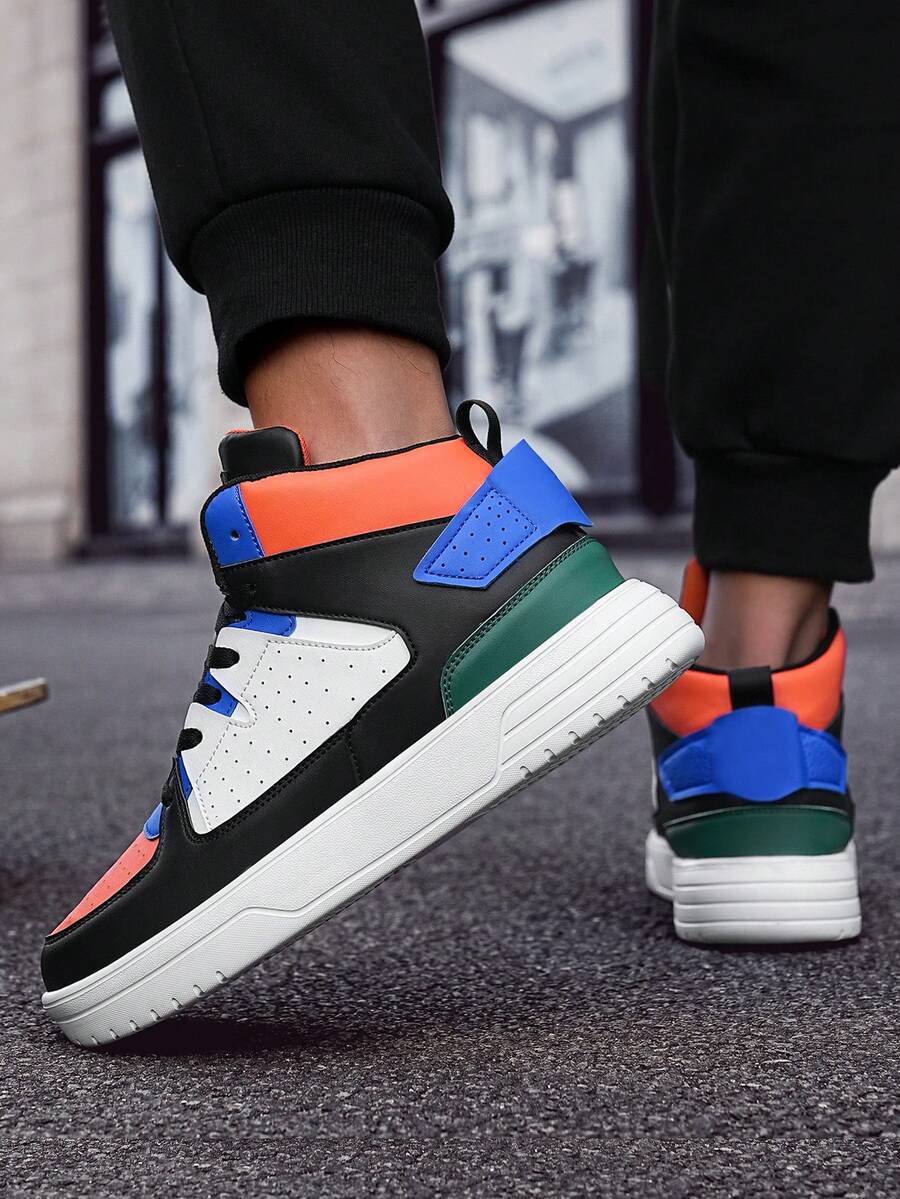 Men's High-Top Skate Shoes, Black White Orange Blue Green Color Block Leather Sneakers With Perforated Toe, Thick Sole Casual Shoes For Streetwear, Comfortable Urban Style Gift For Him - 黑藍 - 查看 1