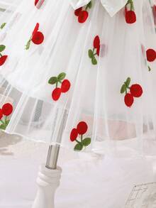 0-3 Years Old Girls Cute Mesh Princess Fairy Dress, Bow Lace Trim Cherry Embroidery Mesh Skirt, Back Closure, Suitable For Outings, Photo Shoots, Parties - White - View 7