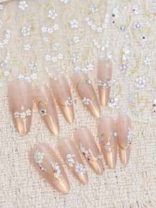 2片浮雕花卉金银爱心法式美甲贴纸，白色和粉色花瓣，水钻，金属弧形美甲贴花，优雅自粘美甲配件，DIY用品 - 彩色 - 查看 7