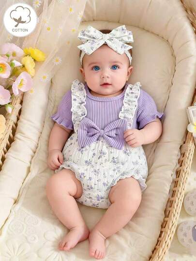 Baby Girls' Cute Ditsy Floral Round Neck Ruffle Textured Fabric Bodysuit And Headband Set, Summer