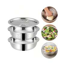A Set Of 3 Piecesstainless Steel Kitchen Utensil Set, Including An Integrated Grater, A Multi-Functional Colander, And A Drainable Mixing Bowl - This Multi-Functional Bowl Can Be Used For Washing/Chopping Fruits, Vegetables, And Cheese. - Silver - View 7