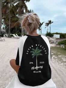 Camiseta de mujer con estampado de letras, estilo casual de parches y contraste de colores, cuello redondo, manga corta. Estilo resort de moda, artículo esencial diario. Camiseta gráfica de mujer, top negro de mujer - Negro - Ver 2