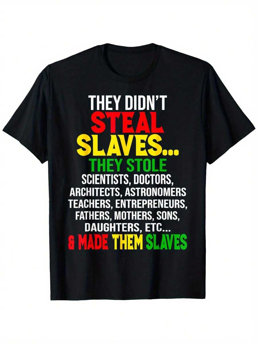 Loose Style Unisex Black History Month  African T-Shirt  Casual Comfortable, S-XXXL, Crew Neck, Short Sleeve, Alphabets Pattern - 黑色 - 查看 1