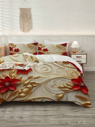 Juego de 3 piezas de funda de edredón (1*Funda de edredón + 2*Funda de almohada, sin relleno), Juego de ropa de cama con estampado floral 3D de poliéster, Suave, cómodo y transpirable, Para dormitorio, habitación de invitados