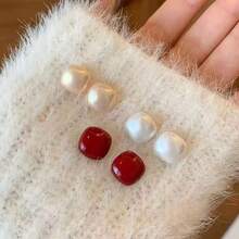 1 Đôi bông tai vuông đính đá kiểu Pháp cổ điển, thanh lịch dành cho nữ, bông tai vuông đính ngọc trai giả mới năm 2026, bông tai sang trọng mùa thu/đông. - Nhiều màu - Xem 2