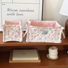 Cute Pink & Blue 3D Lace Satin Storage Basket, Desktop Organizer Basket For Small Items, Lipstick, Makeup Brushes, Skincare Products, Desktop Decor - Multicolor - View 20