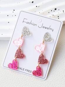 一对亚克力可爱三心耳环，闪亮粉色心形耳环，甜美时尚耳环，情人节派对礼物 - 四連愛心 - 查看 3
