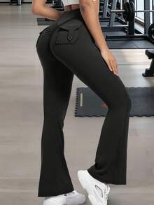 Women's High Elastic Pleated Waist Slim Fit Flare Pants, Comfortable Casual Yoga Sports Trousers, Minimalist Design, Autumn - Black - View 2