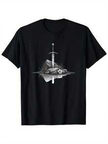 Camiseta Retro Arthuriana - Gráfico de la Espada en la Piedra del Destino Real, Manga Corta Cuello Redondo Ropa Casual y de Gimnasio, Ajuste para Todas las Estaciones para Entrenamiento, Diseño de Fantasía Medieval - Negro - Ver 1