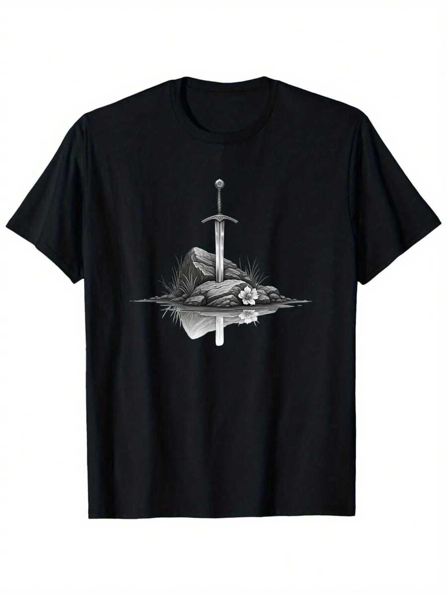 Camiseta Retro Arthuriana - Gráfico de la Espada en la Piedra del Destino Real, Manga Corta Cuello Redondo Ropa Casual y de Gimnasio, Ajuste para Todas las Estaciones para Entrenamiento, Diseño de Fantasía Medieval - Negro - Ver 1