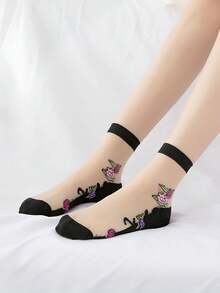 1/5双装女士薄款印花中筒袜，柔软透气，耐穿防滑，适合日常穿着 - 彩色 - 查看 3