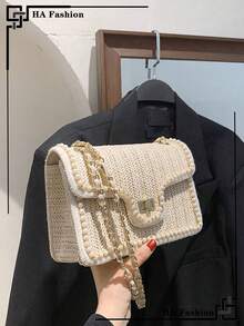这款新款时尚优雅的珍珠编织女士小方单肩包，适合派对、购物、日常通勤、白领女性等各种场合，也可作为礼物赠送，是夏季度假必备的女士包袋，藤编材质。 - 米色 - 查看 8