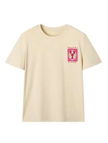 Women's Summer New Letter & Lobster Print Casual Loose Versatile Round Neck Beige Short Sleeve T-Shirt, Fashionable Everyday Wear - Apricot - View 3