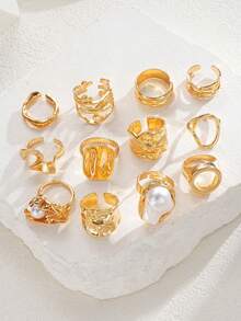 14/12/3pcs Set Asymmetrical Shaped Faux Pearl Flower, Geometric, Liquid, Round, Hollow, Multilayer Metal Textured Rings, Oversized, Chunky, Fashionable, Elegant, Vintage, Suitable For Holiday, Party, Date, Gift, Daily Wear - 12PC - View 7