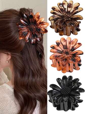 3个优雅大菊花发夹 - 发型夹，豹纹复古发夹，可爱百搭花朵发夹，发爪发饰，情人节礼物优雅发饰