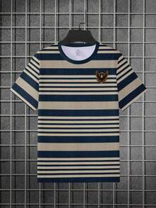 Men's Blue & White Striped T-Shirt With Eagle Emblem, Casual Crew Neck Tee For Streetwear - Multicolor - View 2