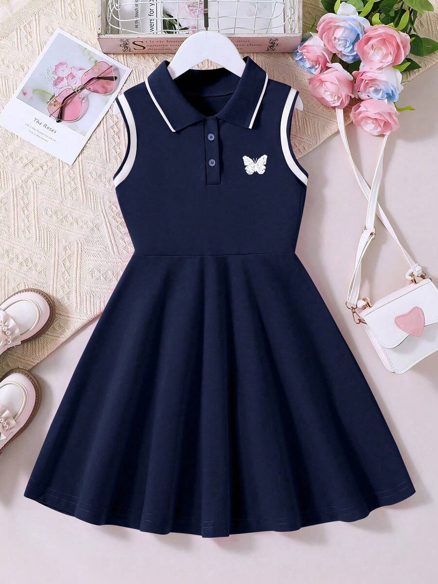 Girls' Polo Collar Half Sleeve Funny Print Casual Dress - Royal Blue - View 1