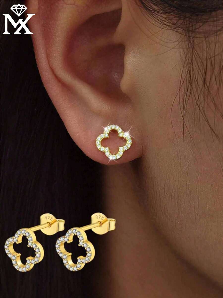 SYMFNY 1 Pair 925 Sterling Silver Hollow Four-Leaf Clover Earrings, Minimalist & Elegant, Inlaid With Zirconia, Suitable For Women's Daily, Party, Anniversary Wear