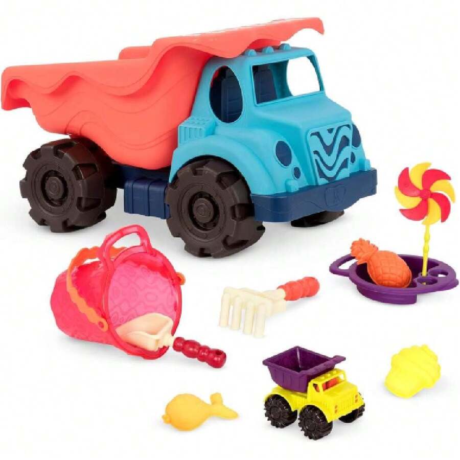 B. Toys – Large Dump Truck & Sand Toys – 10 Beach & Sandbox Toys – Truck, Bucket, Shovel & More – Summer Play Set For Toddlers, Kids – 18 Months + –  Cruiser & Sand Ahoy! - Red,38260646 - Azul Marino - Ver 1