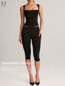 UMII 女士黑色无袖束身胸衣上衣和七分紧身裤套装，修身方领两件套，休闲约会夏季套装 - 黑色 - 查看 1