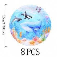 蓝鲸生日快乐一次性餐具套装，7/9英寸派对餐盘，一次性纸盘和纸杯，适用于节日、婚礼、订婚、生日、派对、庆祝活动 - 彩色 - 查看 12