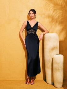 LOVE&LEMONADE Black Sexy Sleeveless V-Neck Lace Patchwork Backless Criss-Cross Satin Dress