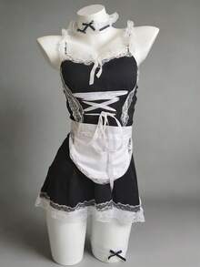 一套女士性感吊带裙蕾丝可爱女仆装套装，包括头带、项圈、腕带和腿环 - 黑色 - 查看 1