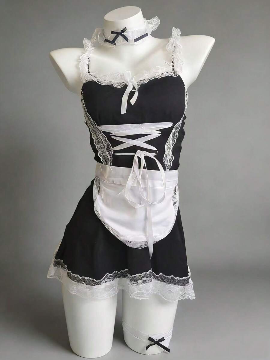 一套女士性感吊带裙蕾丝可爱女仆装套装，包括头带、项圈、腕带和腿环 - 黑色 - 查看 1