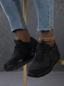 女士舒适气垫厚底运动鞋，圆头系带休闲增高鞋 - 黑色 - 查看 5