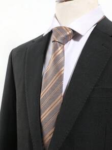 1条男士休闲时尚纯色棕色条纹图案领带，简约风格，适合商务、学校和日常穿着。 - A - 查看 3