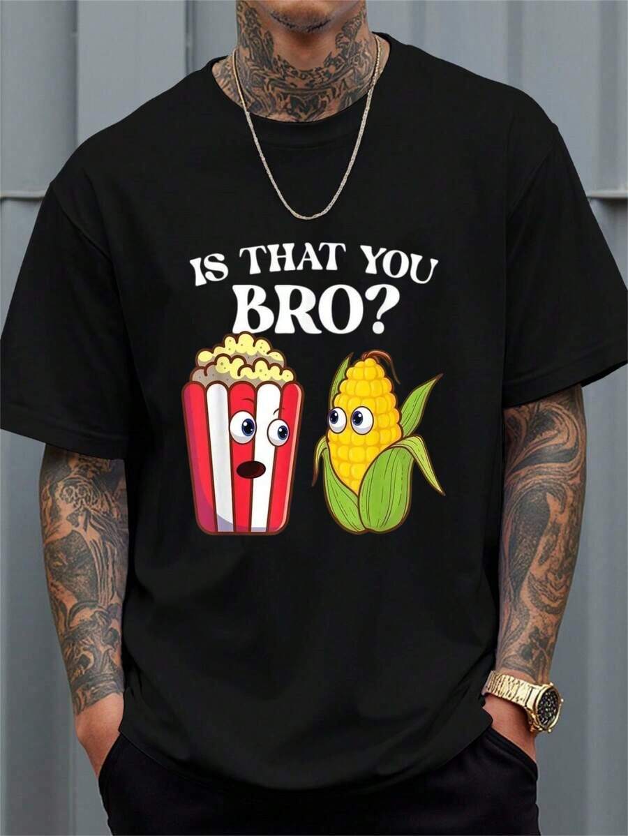 100% Cotton Is That You Bro - Popped Corn Kernel Popcorn Lover T-Shirt Women's Men's Graphic Tee Black Crew Neck T-Shirt Short Sleeve Summer Tee Tops - 黑色 - 查看 1