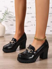 女士乐福鞋玛丽珍鞋，鳄鱼纹中帮厚底高跟鞋，圆头粗跟金属扣休闲高跟鞋，学院风 - 黑色 - 查看 4