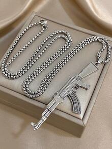 Silver Rifle Pendant Necklace With Chunky Chain, Bold Weapon Pendant Necklace, Fashion Punk Hip Hop Jewelry Gift For Boyfriend, Birthday And Casual Styling, Unisex,Valentine's Day Gift - Multicolor - View 8