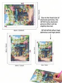 |5D DIY Diamond Painting| Blooming European Florist Shop Adorned With Vines DIY Diamond Art Kit, Sunlit Pastel Backdrop & Flower Accents Canvas Wall Art Print. Home Decor Diamond Painting, Mosaic Kit, DIY Your Own Wall Art - Multicolor - View 4