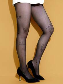 1双女士莲花图案透明连裤袜 - 优雅隐形款式，时尚约会完美之选（XS-XXL） - 黑色 - 查看 7