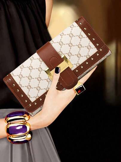 1件棕色撞色金属装饰PU手拿包 时尚百搭 适合女士 优雅花卉钱包