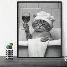 1 pieza Decoración de pared de baño linda, gato bebiendo vino en la bañera, estilo minimalista en blanco y negro, póster de animal gracioso, decoración de baño, gato con gorro de ducha, patrón de animal en blanco y negro, adecuado para decoración de baño y aseo - con marco opcional - Multicolor - Ver 2