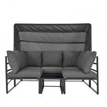 Garten Loungesessel Set, Iron Sunny Island Sitzgruppe Hocker und Tisch mit Markise 4er Set Balkon und Garten Loungemöbel Terrassenmöbel Wetterfest Grau Inkl. aller Kissen(previous sku:HW24006AAA) - Standard - Übersicht 10