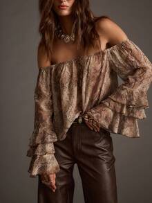 Áo kiểu nữ cổ điển trễ vai tay phồng hai lớp, thiết kế rộng rãi và thoải mái với viền bèo nhún, thích hợp cho ngày Valentine, kỳ nghỉ, mặc hàng ngày, mùa xuân/hè. - Màu nâu  Mocha - Xem 6