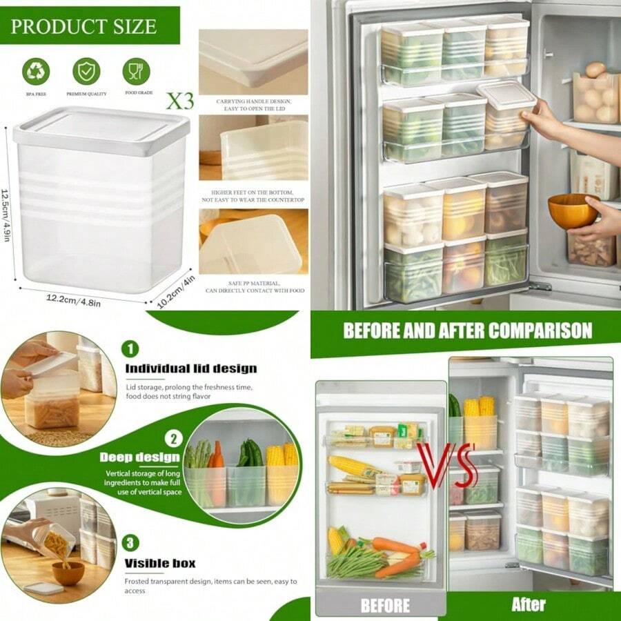 3 Pack Refrigerator Organizer Box With Lid Plastic Refrigerator Side Door Storage Containers Space-Saving Organizer Bins For Refrige Refrige Drawers For Fruit And Vegetable Clear S*3 - S(蓋子)-3個 - 查看 1