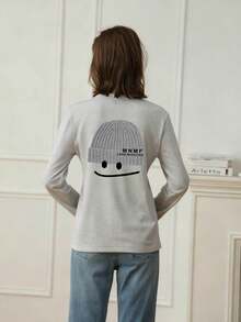 灰色印花圆领长袖T恤，女士休闲宽松百搭打底衫，春秋季 - 淺花灰 - 查看 2