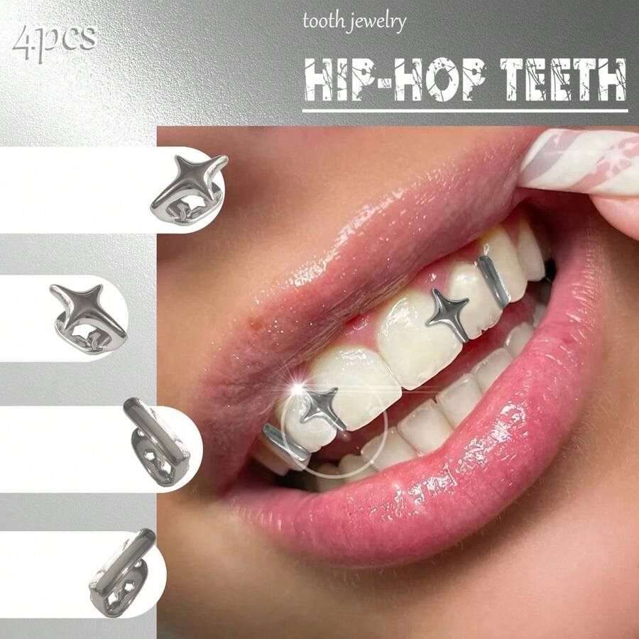 4pcs/Set Plain Stitched Tetrastars Personalized Fashion Hip-Hop Tooth Jewelry, Suitable For Men And Women, Party And Festival Accessories - Multicolor - View 1