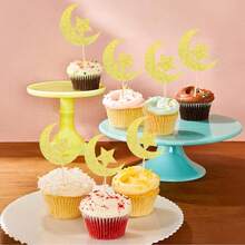 12pcs Glitter Moon And Star Eid Cupcake Toppers, Karim Party Supplies, Islamic Muslim Party Decorations, - Multicolor - View 2