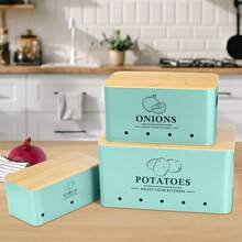 Kitchen Vegetable Storage Set Of 3, Metal Onion Garlic Potato Storage Set, Kitchen Canisters Vegetable Keeper Containers With Aerating Holes And Wooden Lid (Blue) - Blue - 查看 3