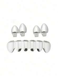 2026 New Collection Of Fine Jewelry2pcs/Set Hip-Hop Hollow Out Heart Stick Diamond Double Tooth Set, Daily Street Fashion Cool Smooth Gold Teeth - 銀-3 - 查看 2
