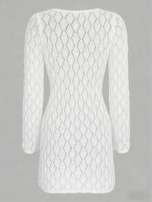 Women's V-Neck Sheer Mesh Hollow Lace-Up Button Crochet Long Sleeve Shawl Sexy Solid Bodycon Mini Knit Beach Bikini Dress, Summer - 白色 - 查看 7