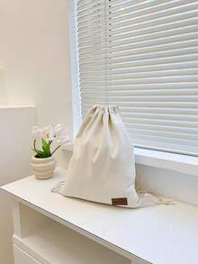 New Canvas Drawstring Backpack, Shoulder Bag With Pockets, Shopping/Student Bag, Back To School - Beige - View 4